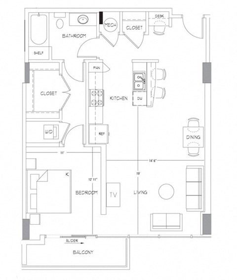 Floor plan for 1 bed, 1 bath, 904 sqft